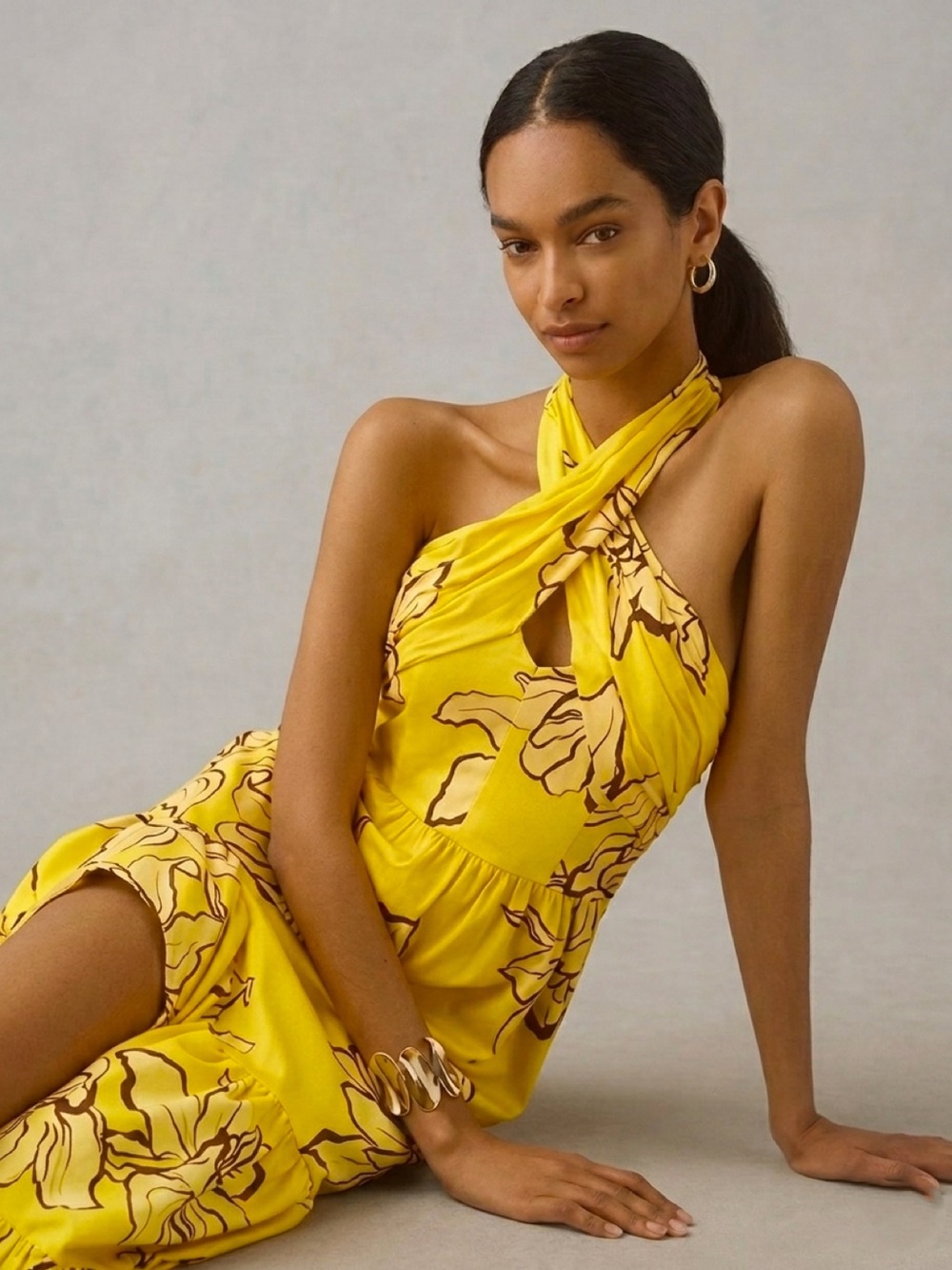 Anthropologie Hutch Yellow Floral Halter Maxi Size 8 Side Split